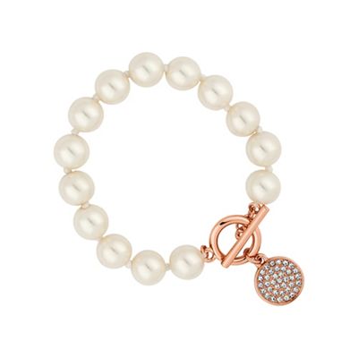 Rose gold pave disc clasp pearl bracelet